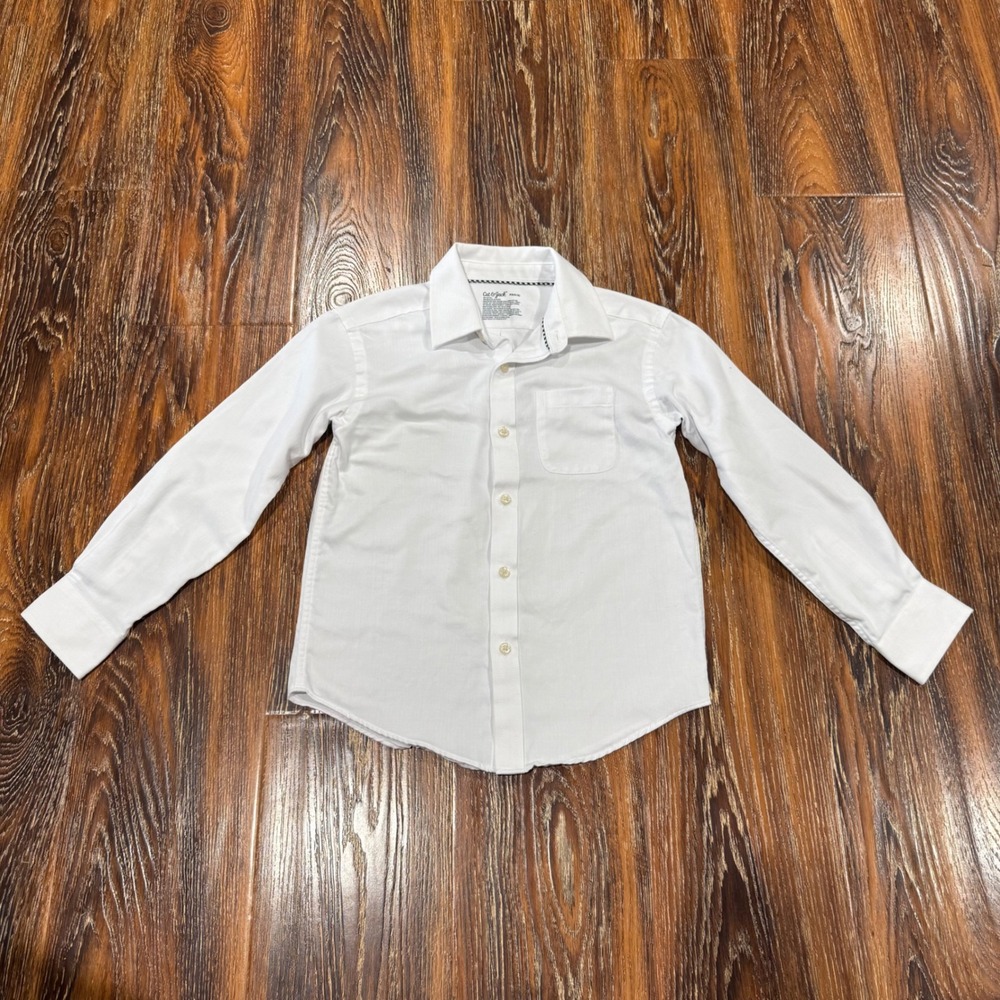Cat & Jack Boys XS 4/5 White Long Sleeve Button Down Shirt Herringbone Dress Top